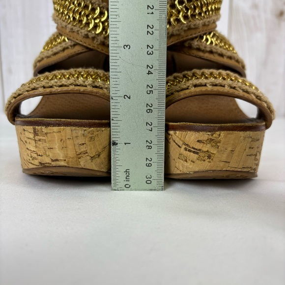 Tory Burch Lucian Sandals Leather Gold Chain Strappy Platform Wedges Tan Size 6 - Picture 14 of 15
